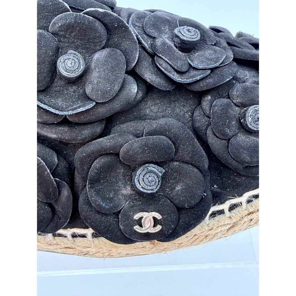 Chanel Interlocking CC Logo Camellia Espadrilles Black Suede Size 39 / 9 - Picture 6 of 16